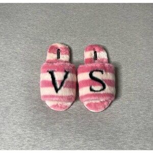 Victoria’s Secret VS Logo Striped Faux Fur Plush Open Toe House Slipper Slides